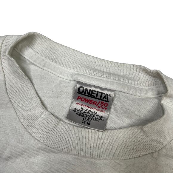 Vintage 90s Tyrannosaurus Rex Cartoon Dinosaur Tee T-Shirt White Youth L 14/16 - Picture 5 of 5